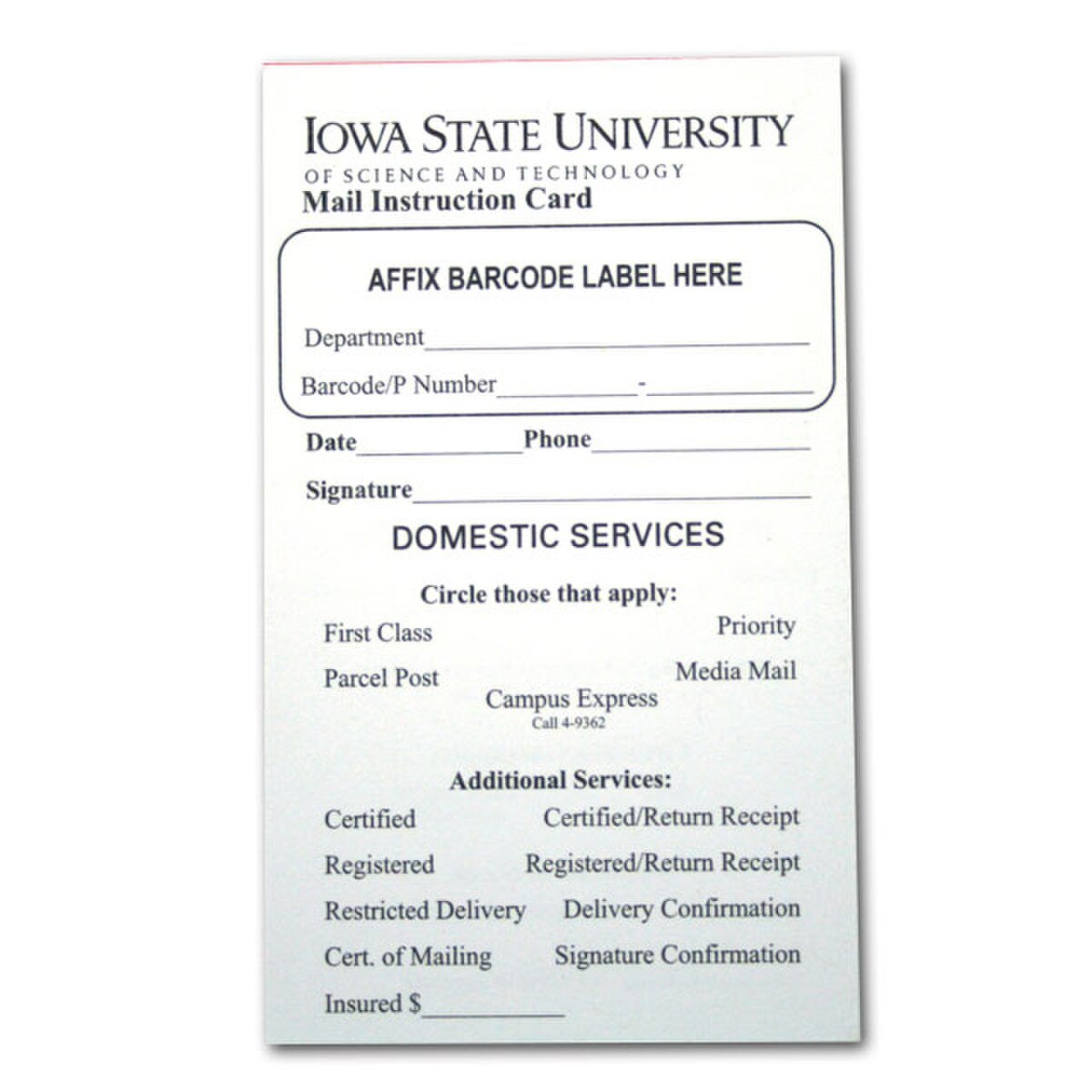Iowa State University Mail Instruction Cards